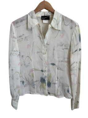 Vintage 90s Sheer Rayon Watercolor Floral Cottagecore Button Up Blouse Cream S/M